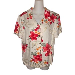 Island Winds Vintage Tropical Floral Hawaiian Print Button-Down Blouse Size Med